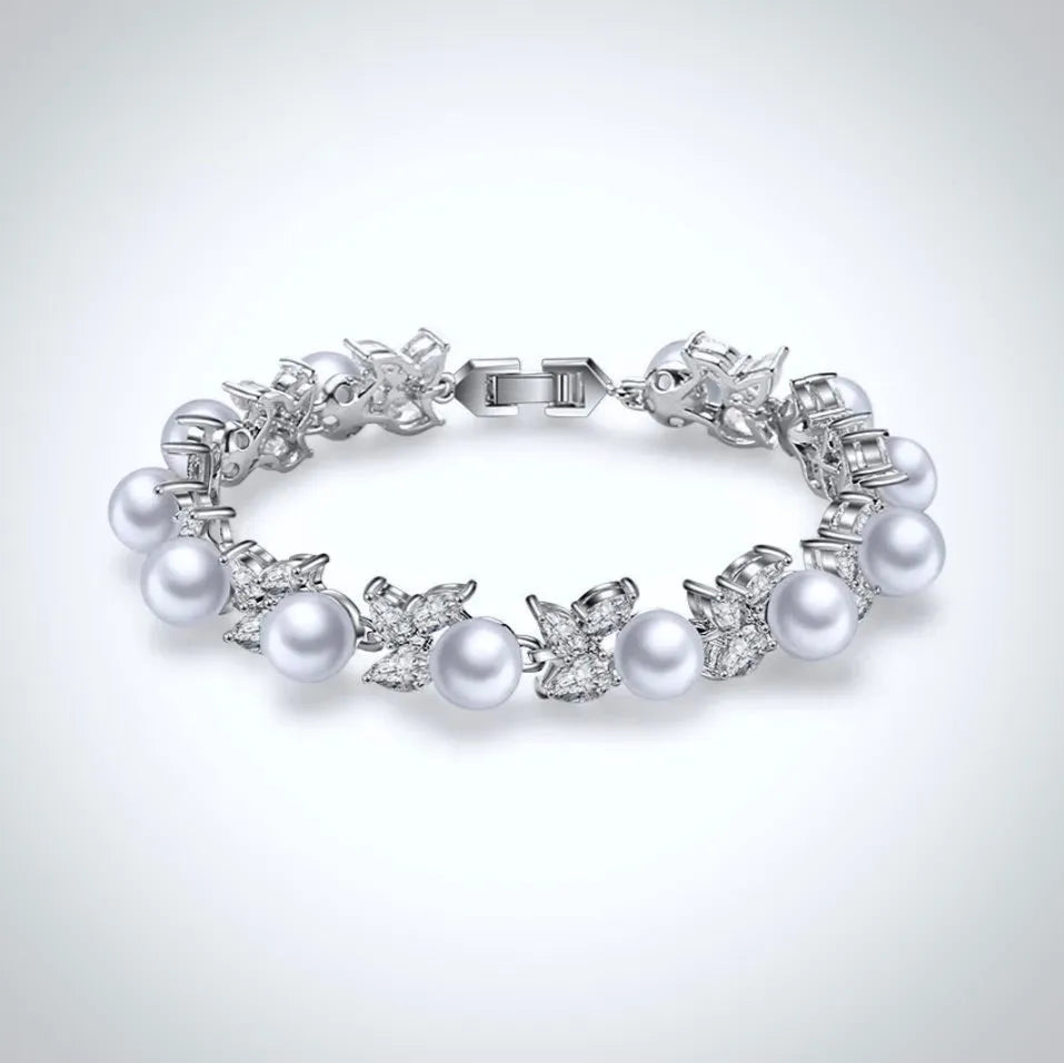 Pearl Wedding Jewelry - Pearl and Cubic Zirconia Bridal Bracelet
