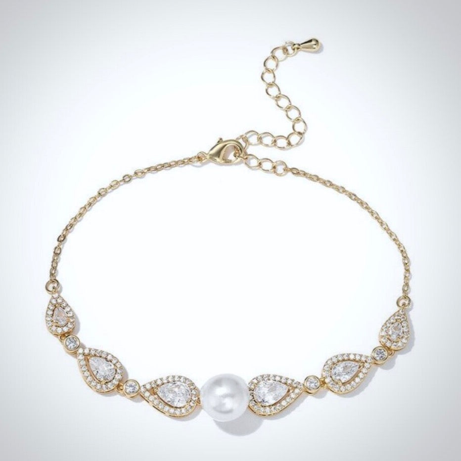 Pearl Wedding Jewelry - Pearl and Cubic Zirconia Bridal Bracelet - Available in Rose Gold, Silver and Yellow Gold