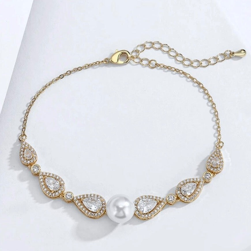 Pearl Wedding Jewelry - Pearl and Cubic Zirconia Bridal Bracelet - Available in Rose Gold, Silver and Yellow Gold