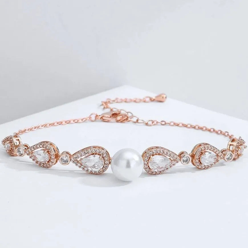Pearl Wedding Jewelry - Pearl and Cubic Zirconia Bridal Bracelet - Available in Rose Gold, Silver and Yellow Gold