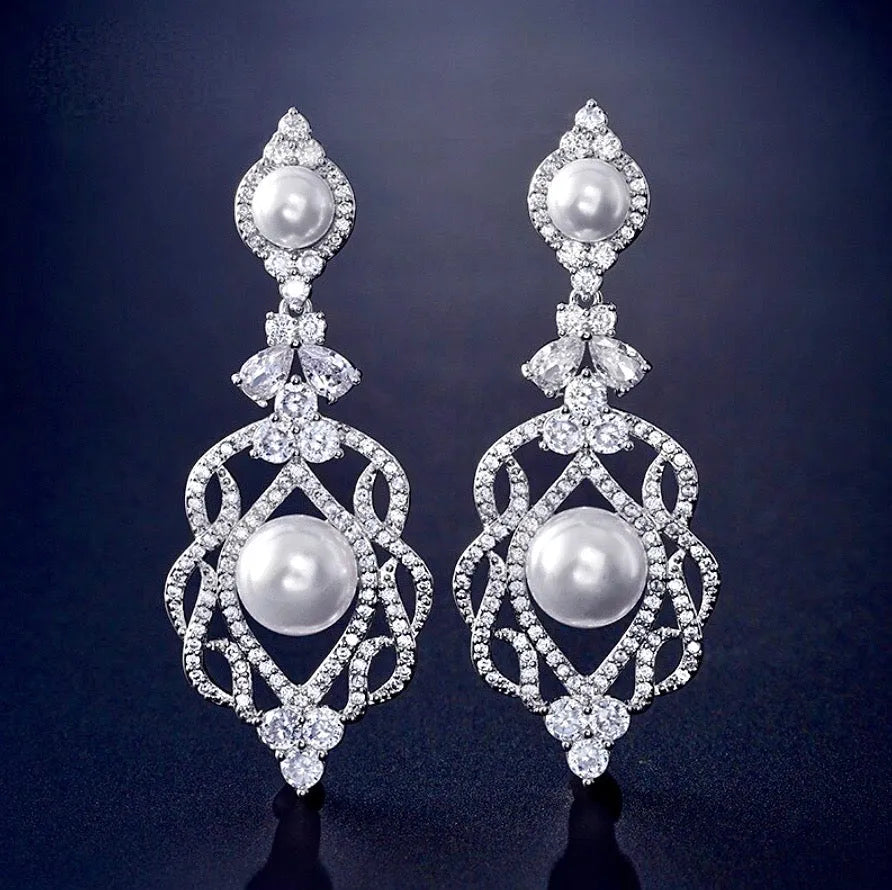 "Versailles" - Pearl and Cubic Zirconia Bridal Earrings - Available in Rose Gold and Silver