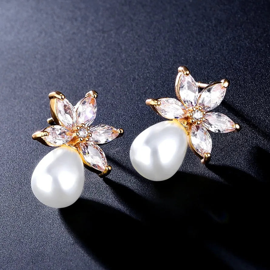 Wedding Jewelry - Pearl and Cubic Zirconia Bridal Earrings - Available in Silver and Rose Gold