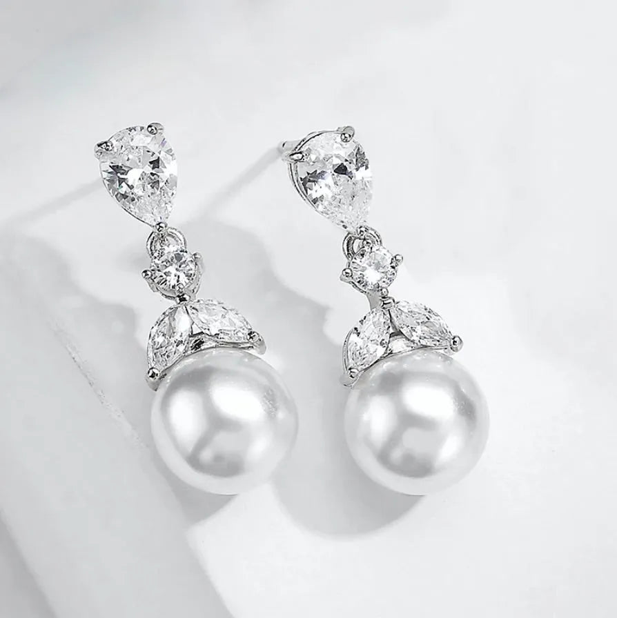 Wedding Jewelry - Pearl and Cubic Zirconia Bridal Earrings - Available in Rose Gold and Silver
