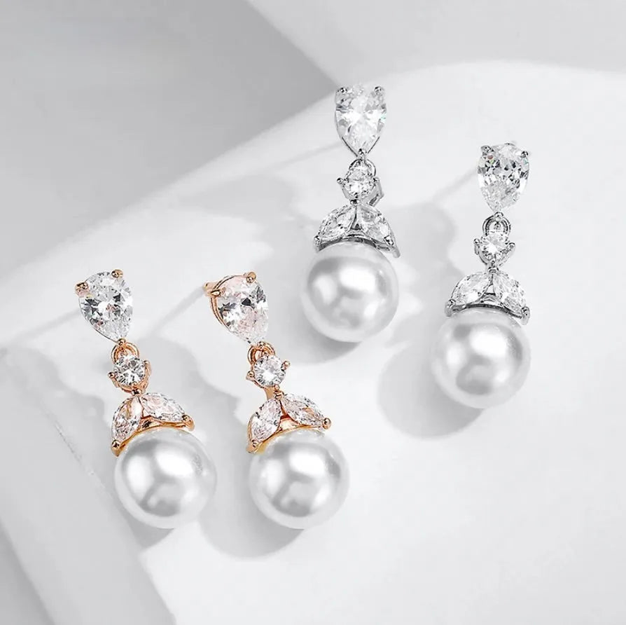 Wedding Jewelry - Pearl and Cubic Zirconia Bridal Earrings - Available in Rose Gold and Silver