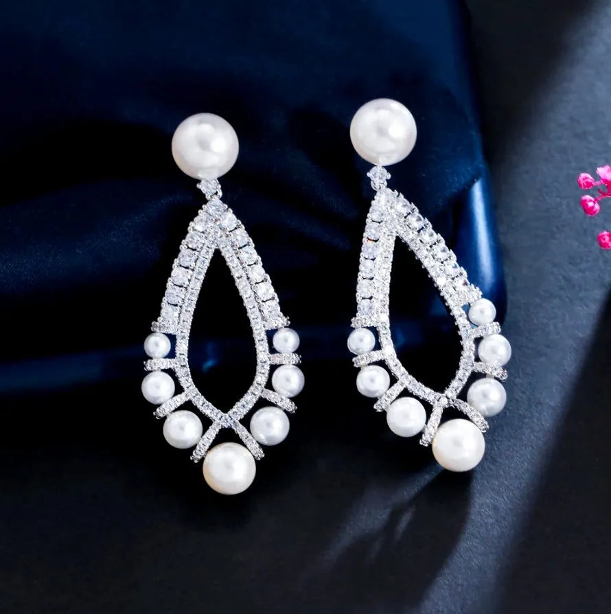Pearl Wedding Jewelry - Pearl and Cubic Zirconia Bridal Earrings