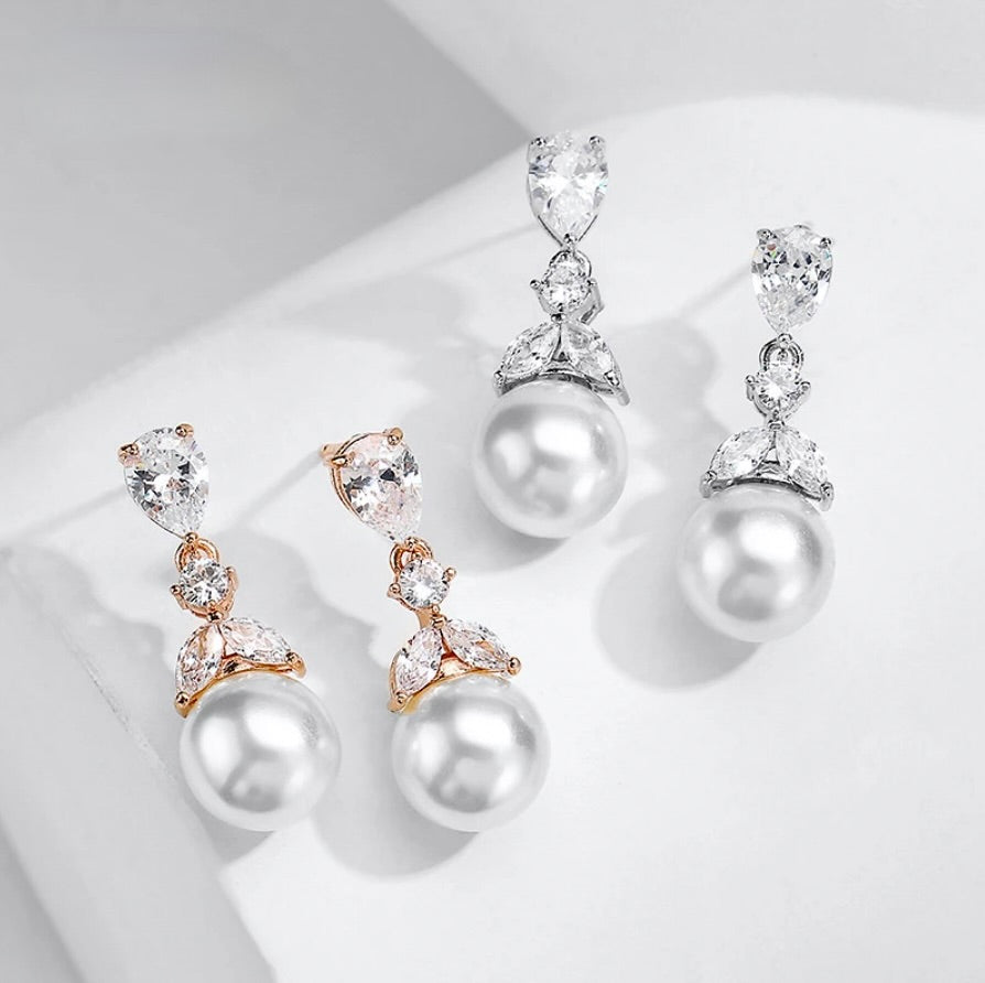 Wedding Jewelry - Pearl and Cubic Zirconia Bridal Jewelry Set - Available in Rose Gold and Silver