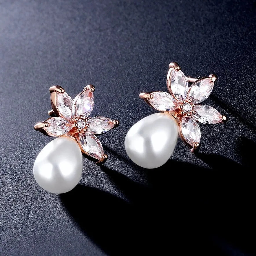 Wedding Jewelry - Pearl and Cubic Zirconia Bridal Earrings - Available in Silver and Rose Gold