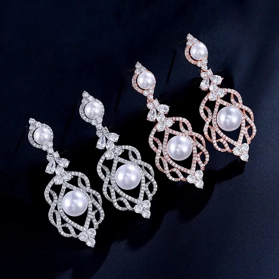 "Versailles" - Pearl and Cubic Zirconia Bridal Earrings - Available in Rose Gold and Silver