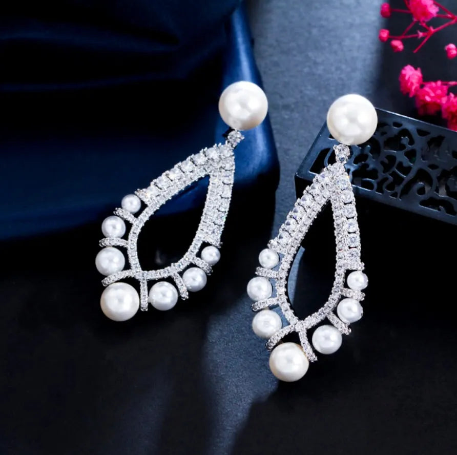 Pearl Wedding Jewelry - Pearl and Cubic Zirconia Bridal Earrings