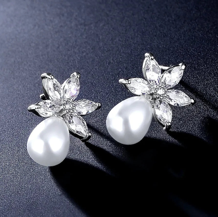 Wedding Jewelry - Pearl and Cubic Zirconia Bridal Earrings - Available in Silver and Rose Gold