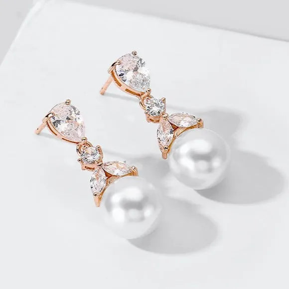 Wedding Jewelry - Pearl and Cubic Zirconia Bridal Earrings - Available in Rose Gold and Silver