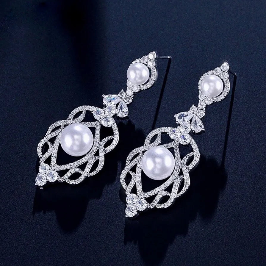 "Versailles" - Pearl and Cubic Zirconia Bridal Earrings - Available in Rose Gold and Silver