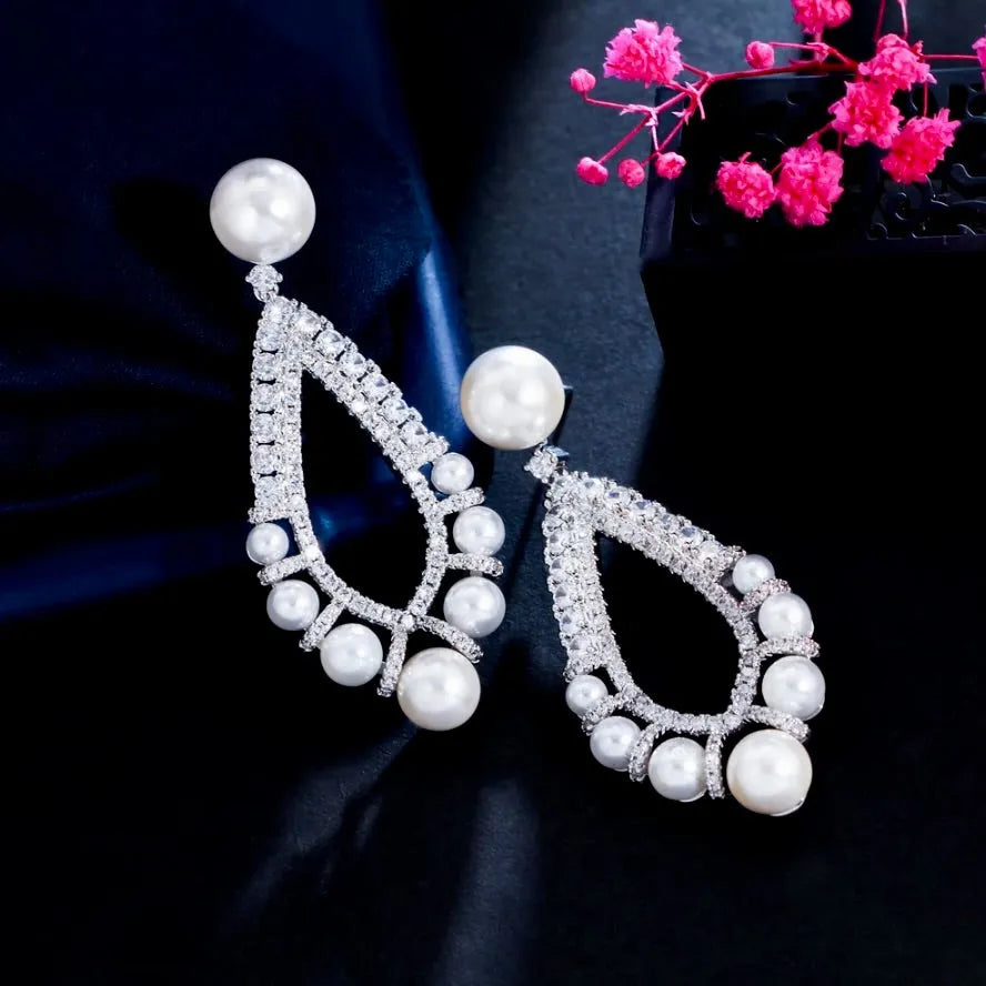 Pearl Wedding Jewelry - Pearl and Cubic Zirconia Bridal Earrings