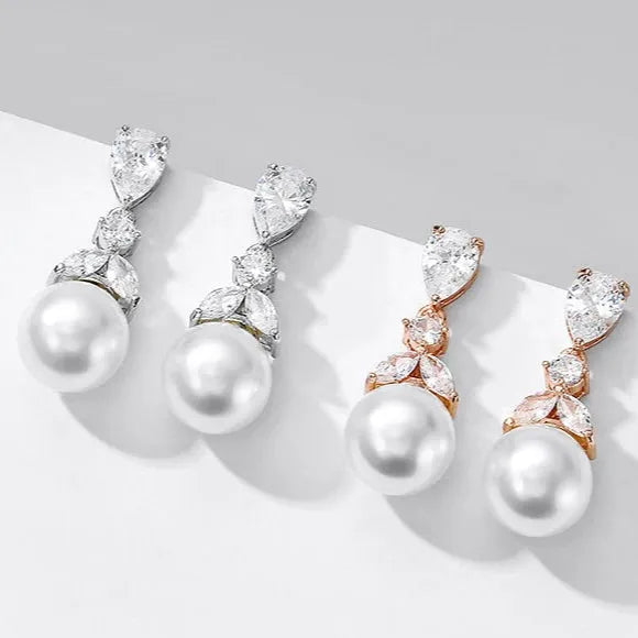 Wedding Jewelry - Pearl and Cubic Zirconia Bridal Earrings - Available in Rose Gold and Silver