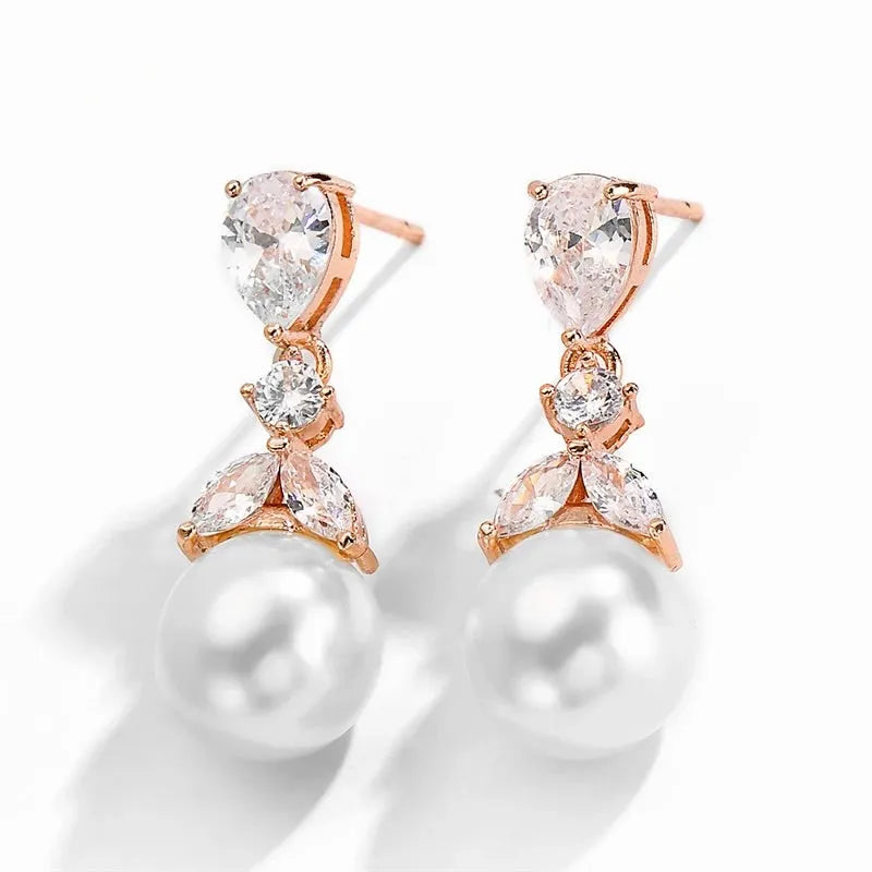 Wedding Jewelry - Pearl and Cubic Zirconia Bridal Earrings - Available in Rose Gold and Silver