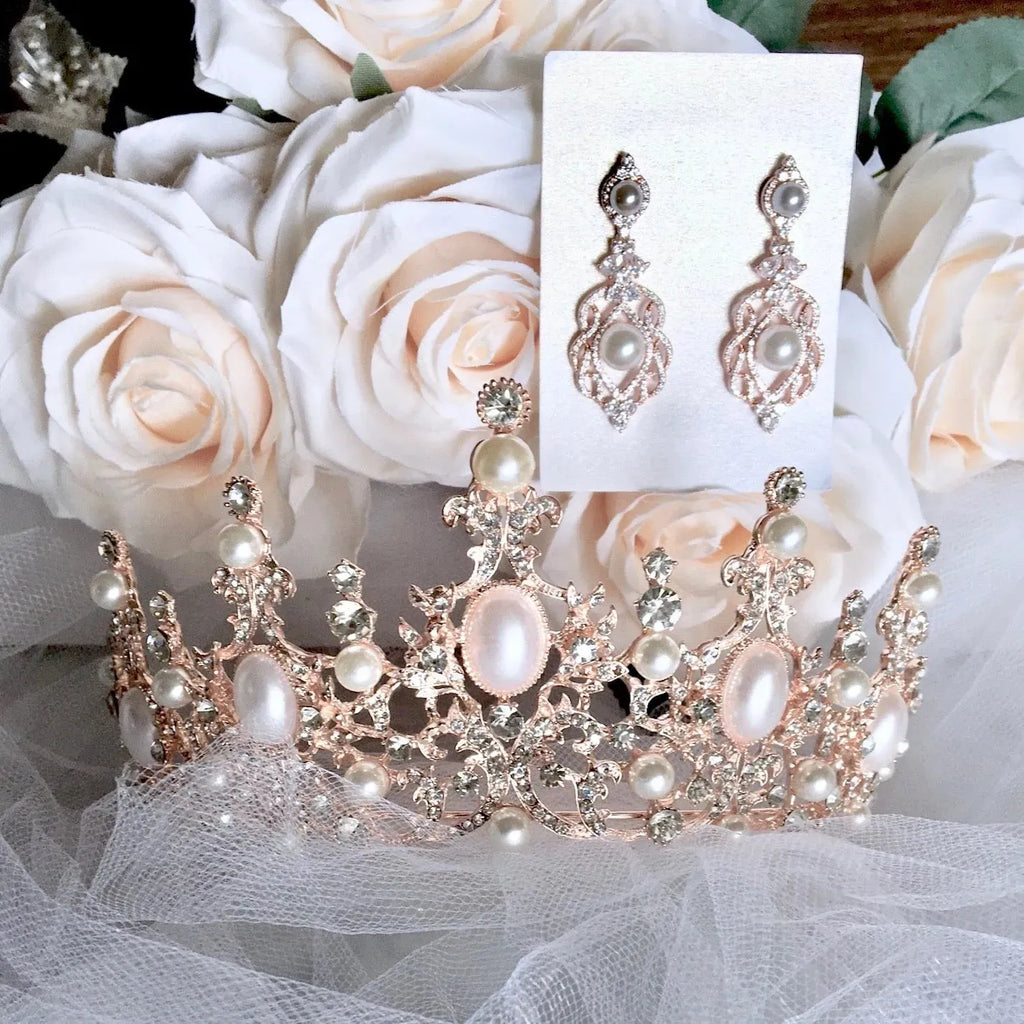 "Versailles" - Pearl and Cubic Zirconia Bridal Earrings - Available in Rose Gold and Silver