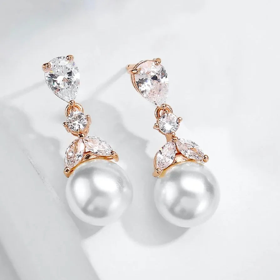 Wedding Jewelry - Pearl and Cubic Zirconia Bridal Earrings - Available in Rose Gold and Silver