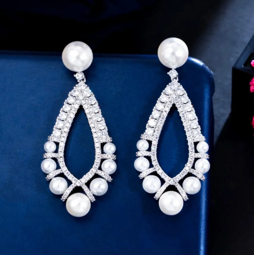 Pearl Wedding Jewelry - Pearl and Cubic Zirconia Bridal Earrings