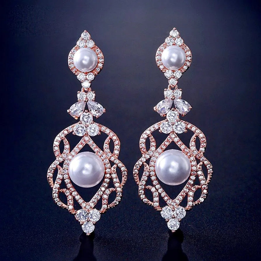 "Versailles" - Pearl and Cubic Zirconia Bridal Earrings - Available in Rose Gold and Silver