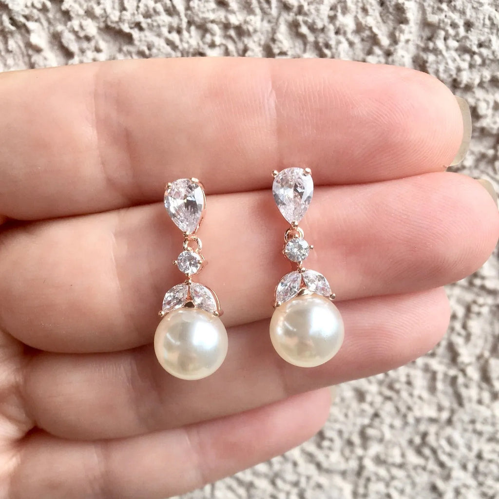 Wedding Jewelry - Pearl and Cubic Zirconia Bridal Earrings - Available in Rose Gold and Silver