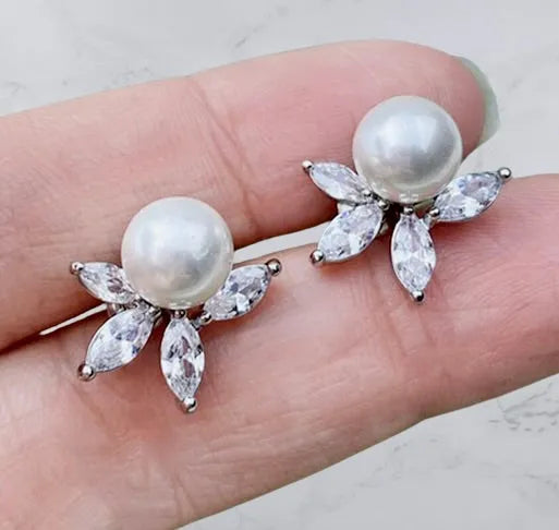 Wedding Jewelry - Pearl and Cubic Zirconia Bridal Earrings - Available in Silver, Rose Gold and Yellow Gold