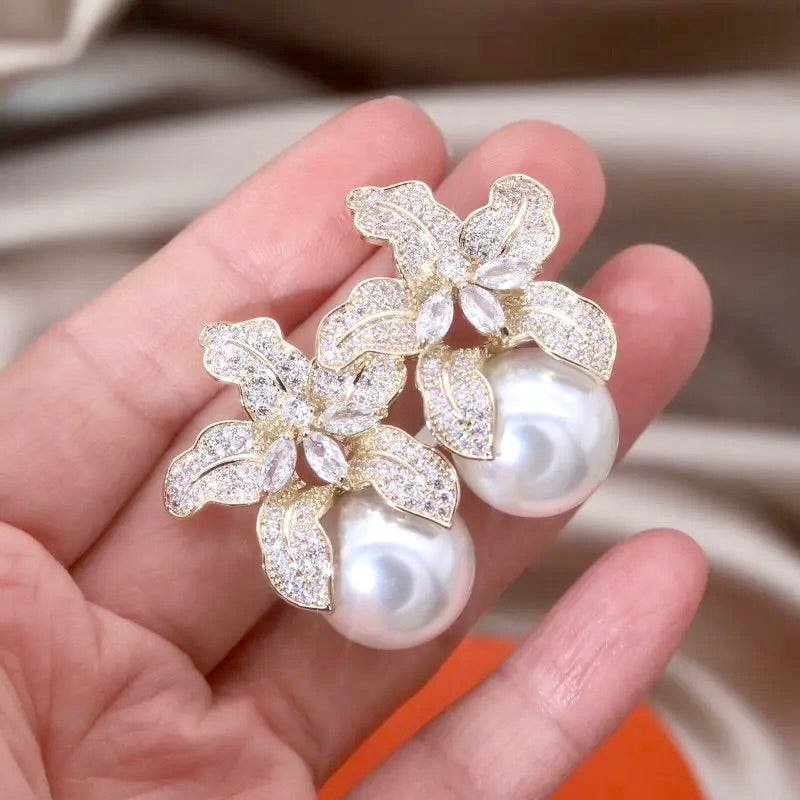 Wedding Jewelry - Orchid Pearl and Cubic Zirconia Bridal Earrings - Available in Silver and Gold