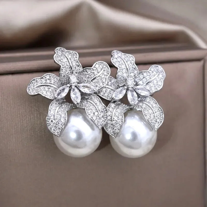 Wedding Jewelry - Orchid Pearl and Cubic Zirconia Bridal Earrings - Available in Silver and Gold