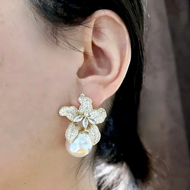 Wedding Jewelry - Orchid Pearl and Cubic Zirconia Bridal Earrings - Available in Silver and Gold