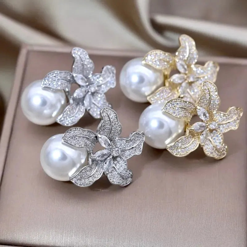 Wedding Jewelry - Orchid Pearl and Cubic Zirconia Bridal Earrings - Available in Silver and Gold