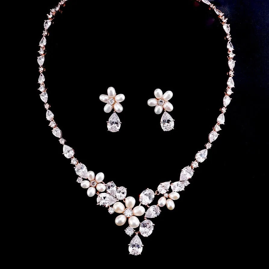 Pearl Wedding Jewelry - Freshwater Pearl and Cubic Zirconia Bridal Jewelry Set