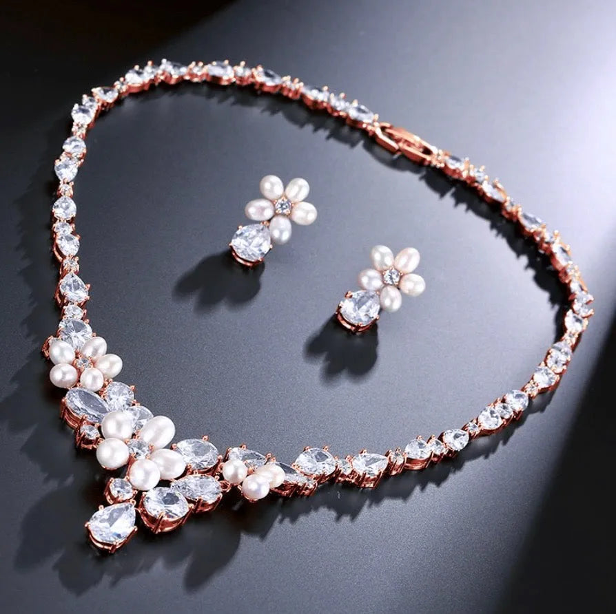 Pearl Wedding Jewelry - Freshwater Pearl and Cubic Zirconia Bridal Jewelry Set