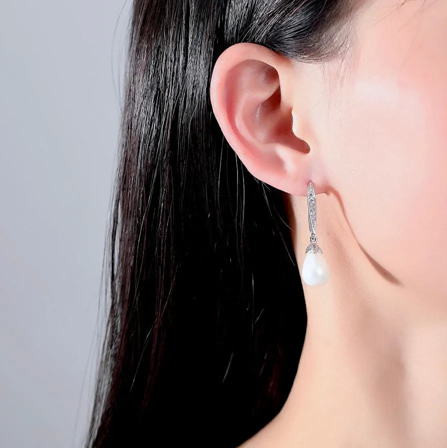 Wedding Jewelry - Pearl and Cubic Zirconia Bridal Earrings
