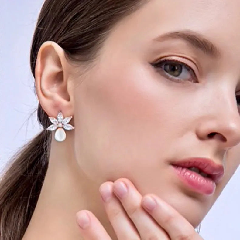 Wedding Jewelry - Pearl and Cubic Zirconia Bridal Earrings - Available in Silver and Rose Gold