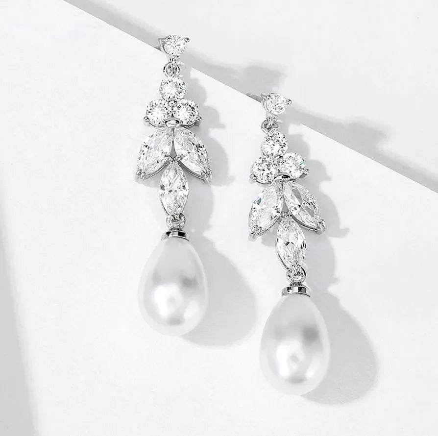 Wedding Jewelry - Pearl and Cubic Zirconia Bridal Earrings - Available in Rose Gold, Silver and Yellow Gold