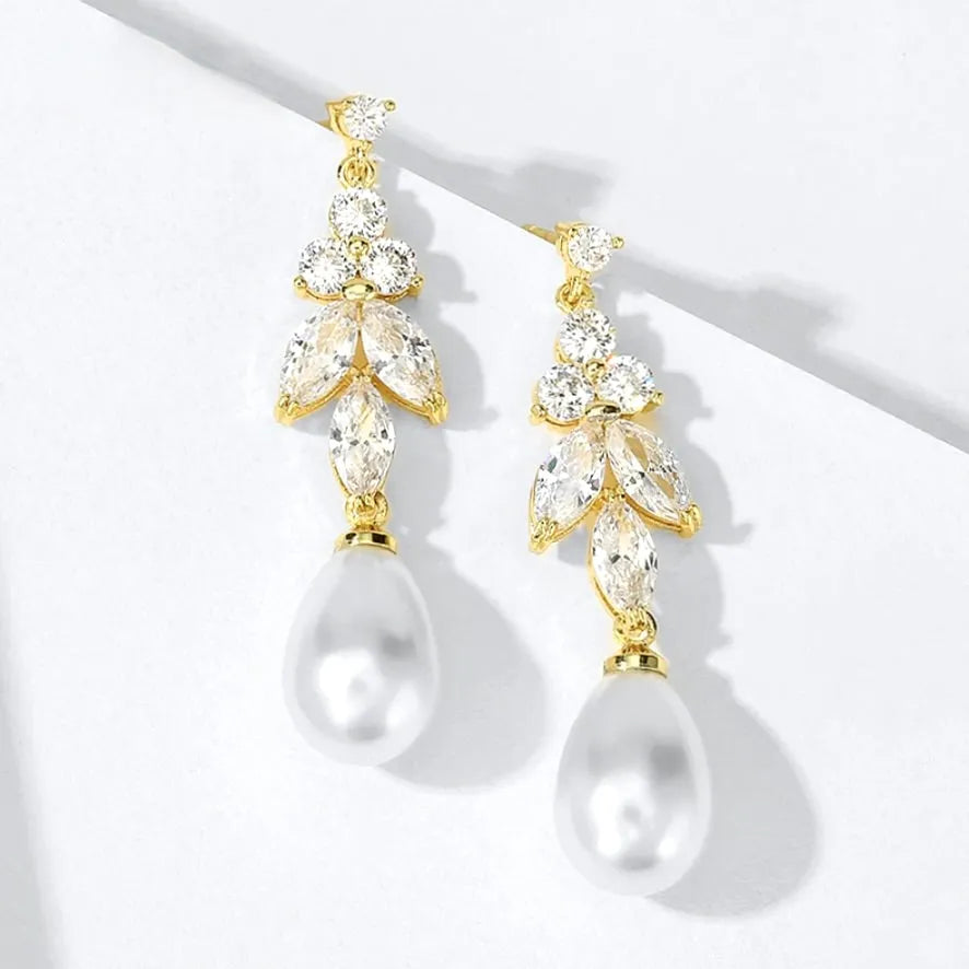 Wedding Jewelry - Pearl and Cubic Zirconia Bridal Earrings - Available in Rose Gold, Silver and Yellow Gold