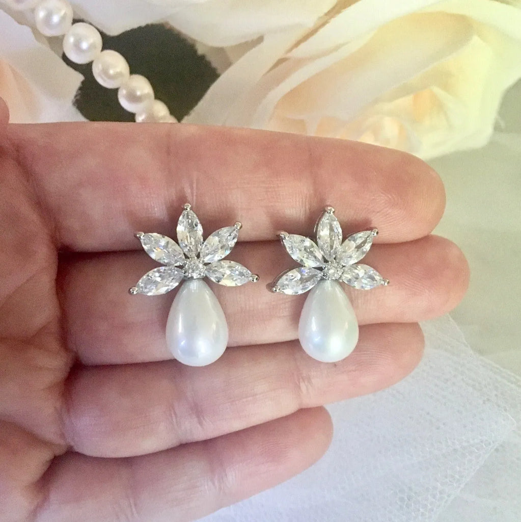 Wedding Jewelry - Pearl and Cubic Zirconia Bridal Earrings - Available in Silver and Rose Gold