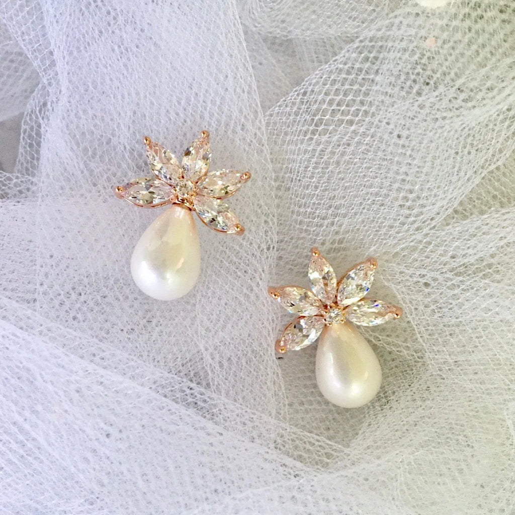 Wedding Jewelry - Pearl and Cubic Zirconia Bridal Earrings - Available in Silver and Rose Gold