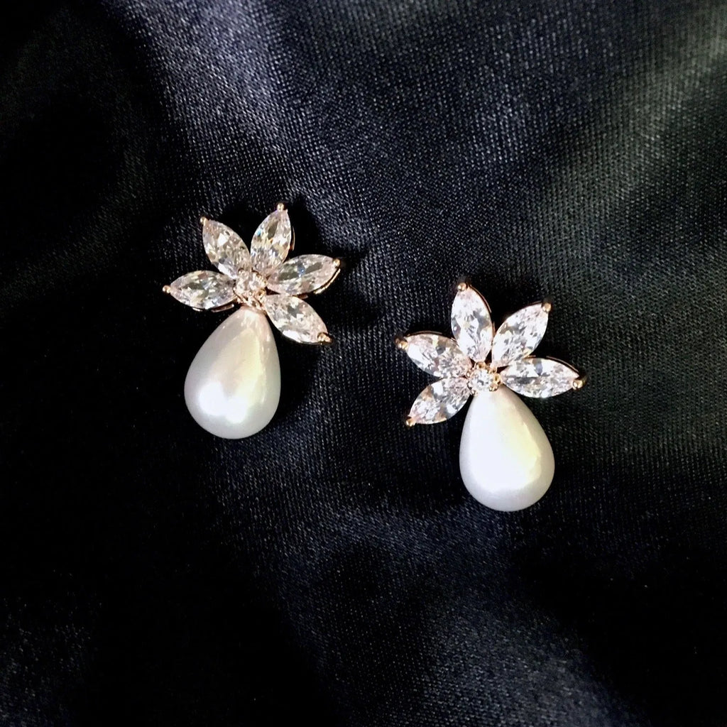 Wedding Jewelry - Pearl and Cubic Zirconia Bridal Earrings - Available in Silver and Rose Gold