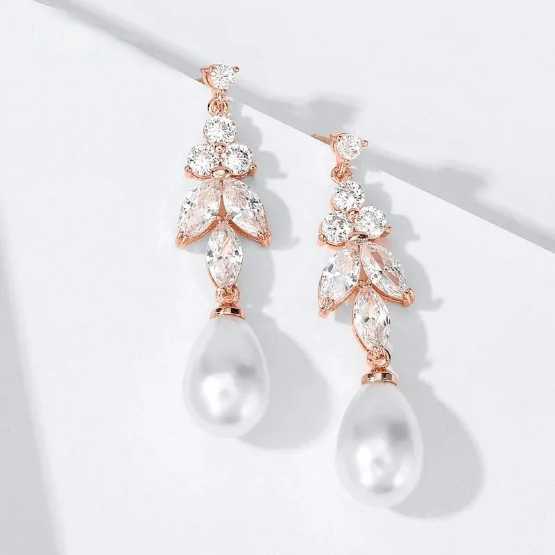 Wedding Jewelry - Pearl and Cubic Zirconia Bridal Earrings - Available in Rose Gold, Silver and Yellow Gold