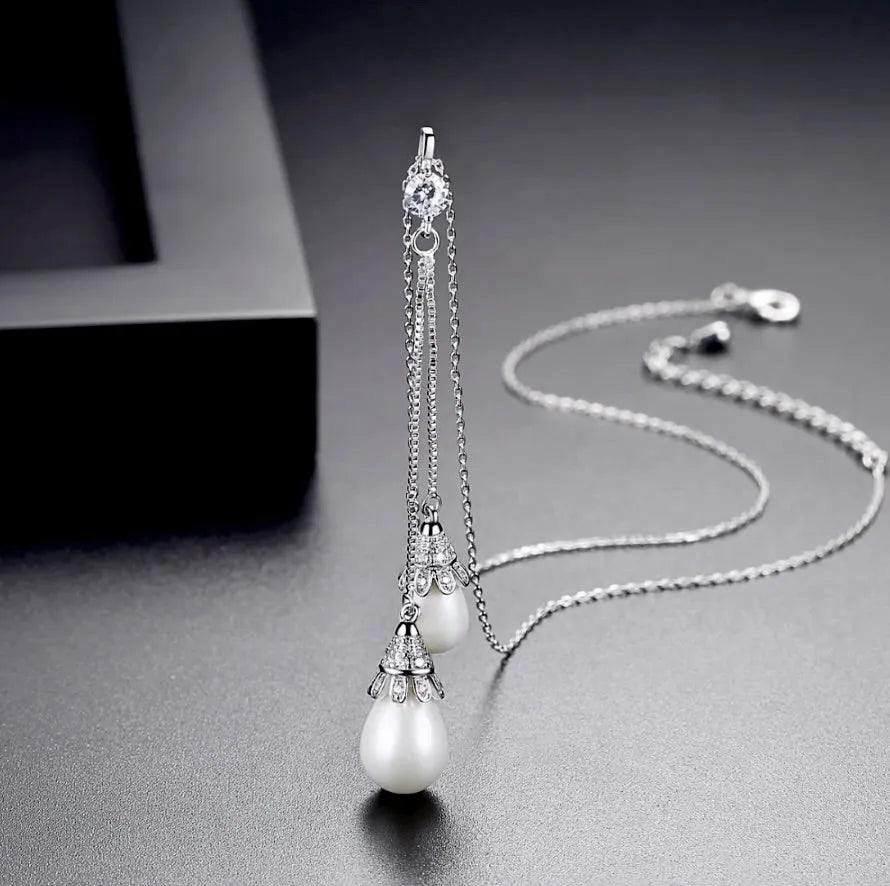 Wedding Jewelry - Pearl Bridal Double Drop Lariat Necklace