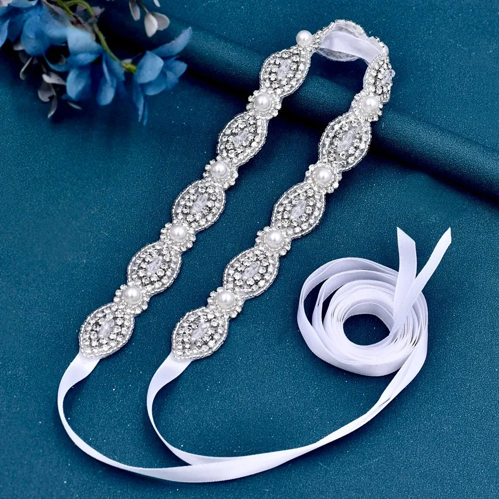 Wedding Accessories - Silver Pearl and Crystal Bridal Belt/Sash