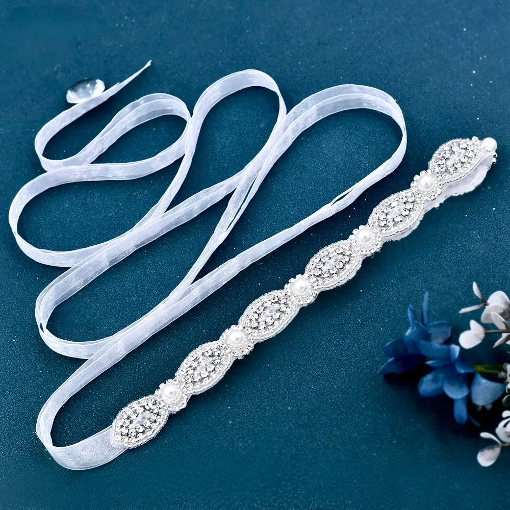 Wedding Accessories - Silver Pearl and Crystal Bridal Belt/Sash