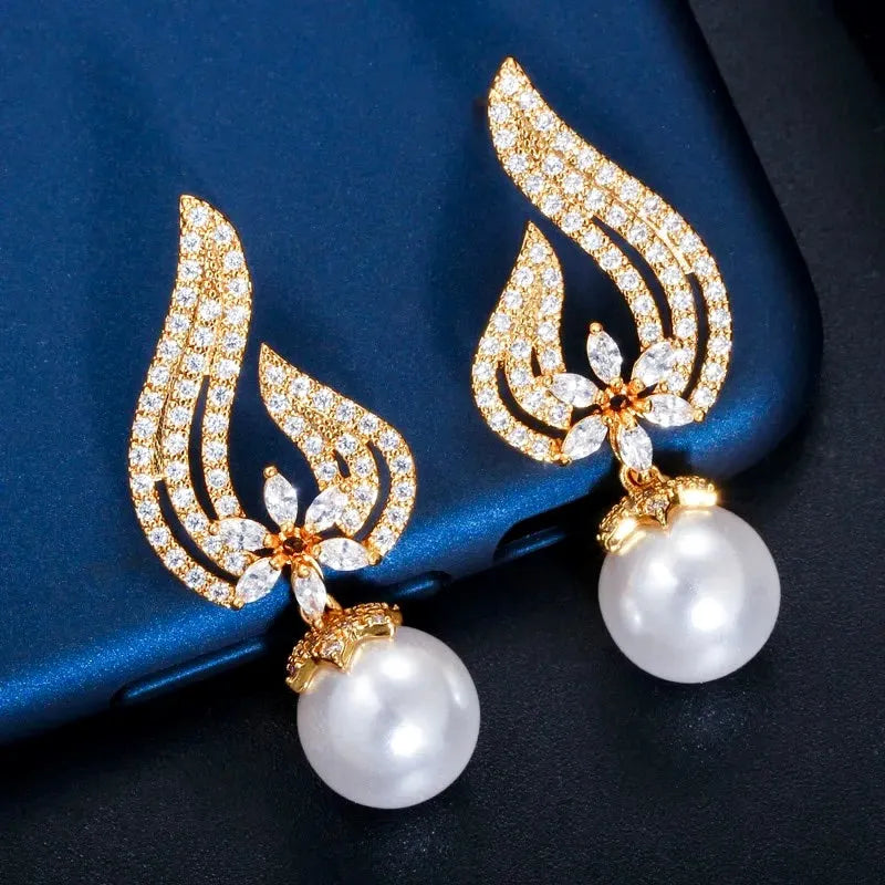 Wedding Jewelry - Pearl and Cubic Zirconia Bridal Earrings