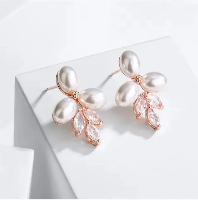 Wedding Jewelry - Pearl and Cubic Zirconia Bridal Earrings - Available in Silver, Rose Gold and Yellow Gold