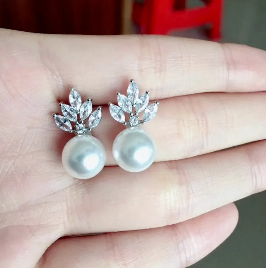 Wedding Jewelry - Pearl and Cubic Zirconia Bridal Earrings