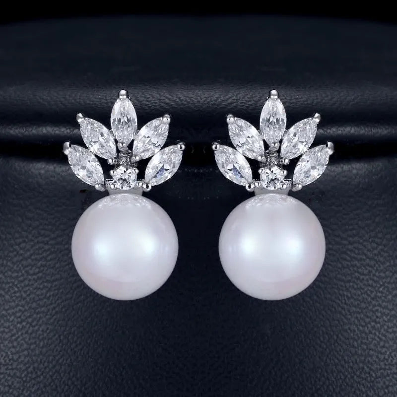Wedding Jewelry - Pearl and Cubic Zirconia Bridal Earrings