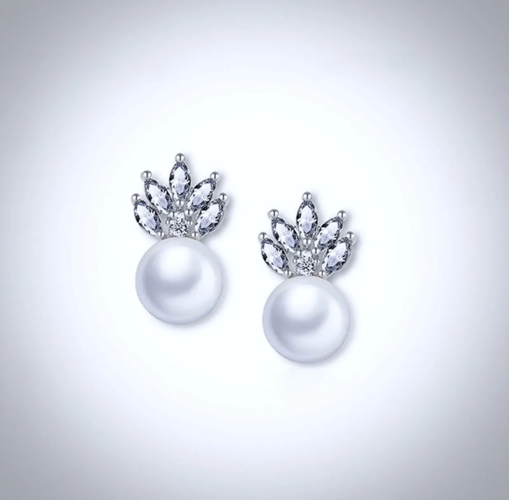 Wedding Jewelry - Pearl and Cubic Zirconia Bridal Earrings