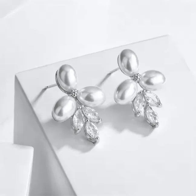 Wedding Jewelry - Pearl and Cubic Zirconia Bridal Earrings - Available in Silver, Rose Gold and Yellow Gold