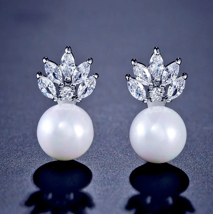 Wedding Jewelry - Pearl and Cubic Zirconia Bridal Earrings