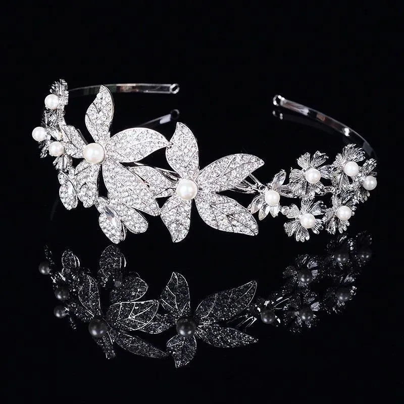 Wedding Hair Accessories - Silver Pearl and Crystal Bridal Side-Headband/Tiara